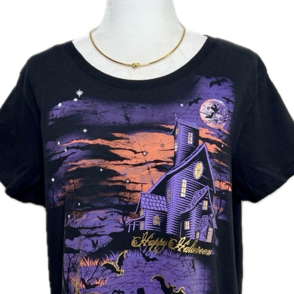 Halloween Graphic Tee Spooky Haunted House Pumpkins Bats Cotton Black 2X 18W 20W - Picture 9 of 12
